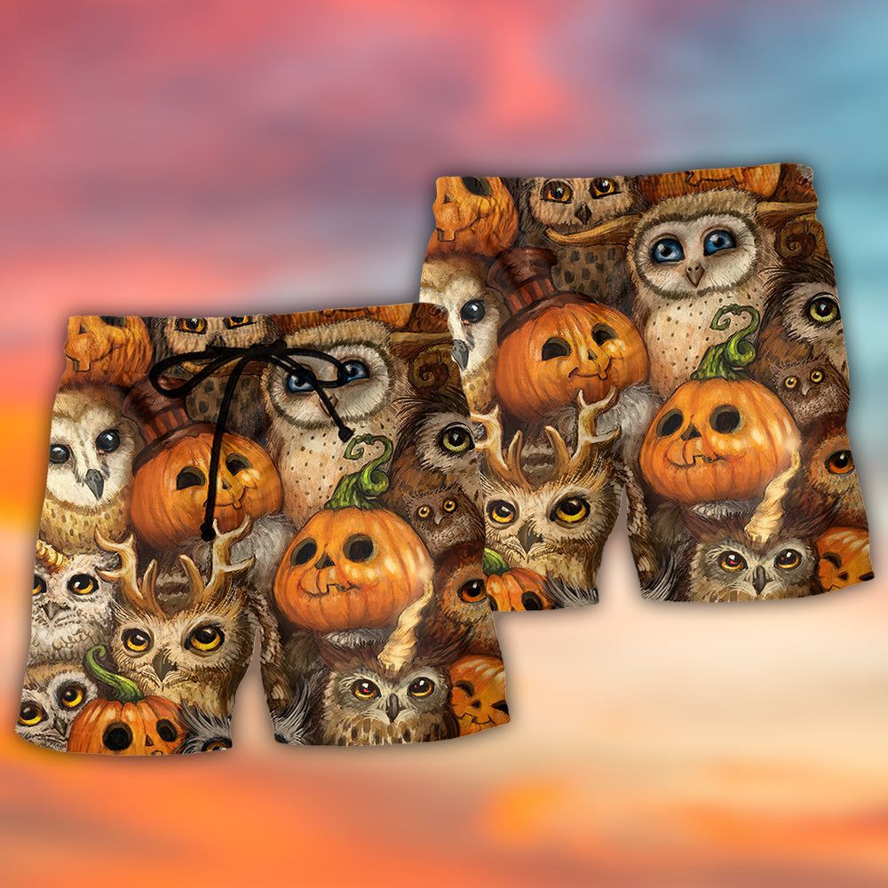Halloween Owl Pumpkin Pattern Trendy Aloha Hawaiian Beach Shorts