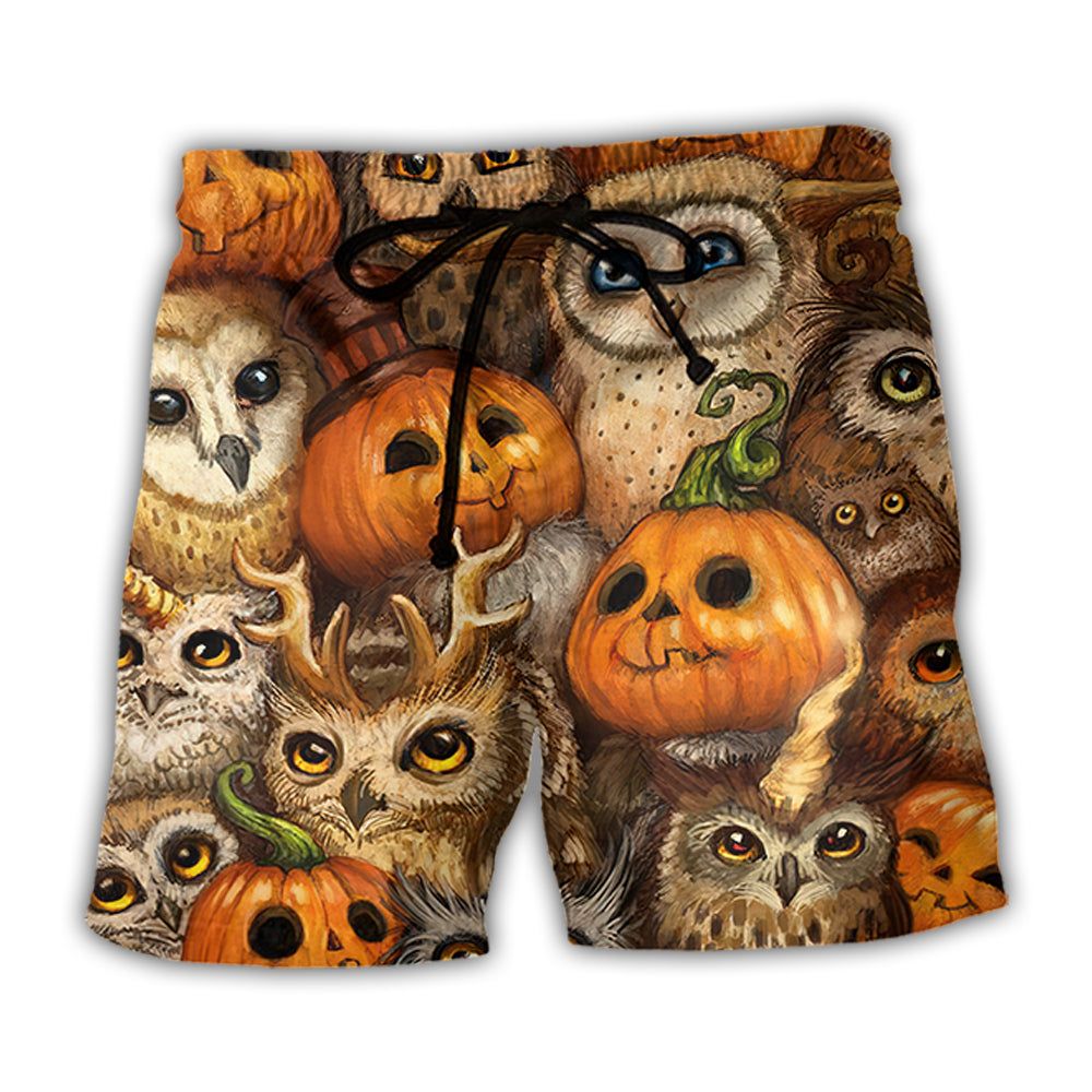 Halloween Owl Pumpkin Pattern Trendy Aloha Hawaiian Beach Shorts
