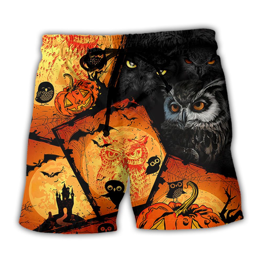 Halloween Owl Pumpkin Scary Trendy Aloha Hawaiian Beach Shorts