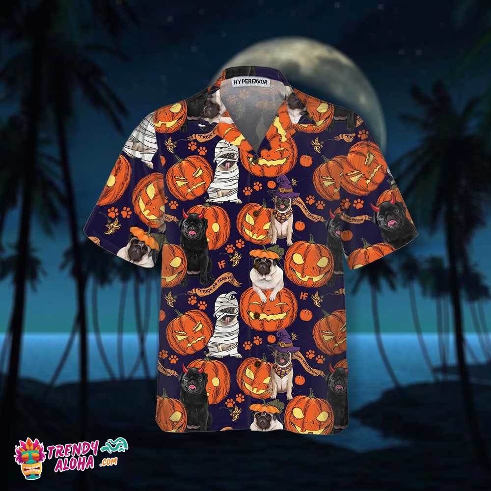 Halloween Pug Dog With Pumpkin Hawaiian Shirt, Unique Pug Shirt For Halloween