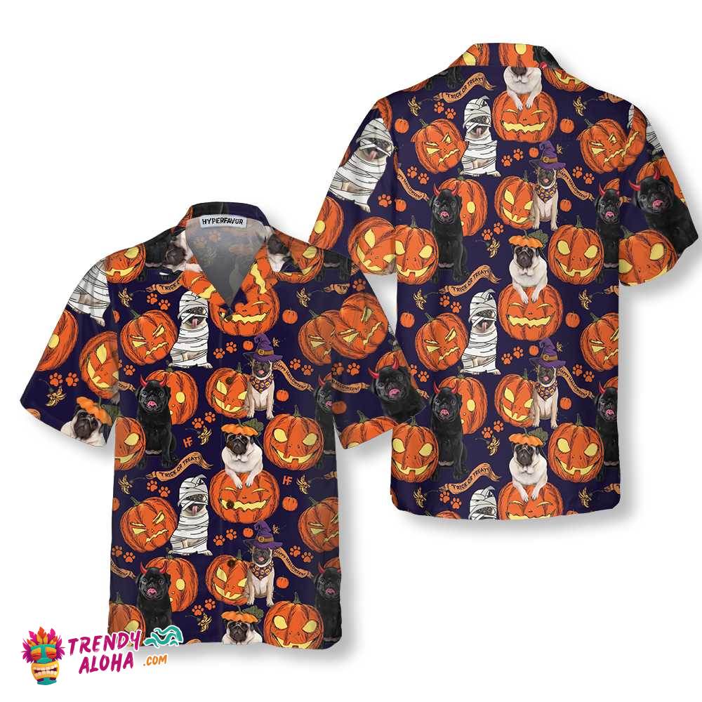 Halloween Pug Dog With Pumpkin Hawaiian Shirt, Unique Pug Shirt For Halloween