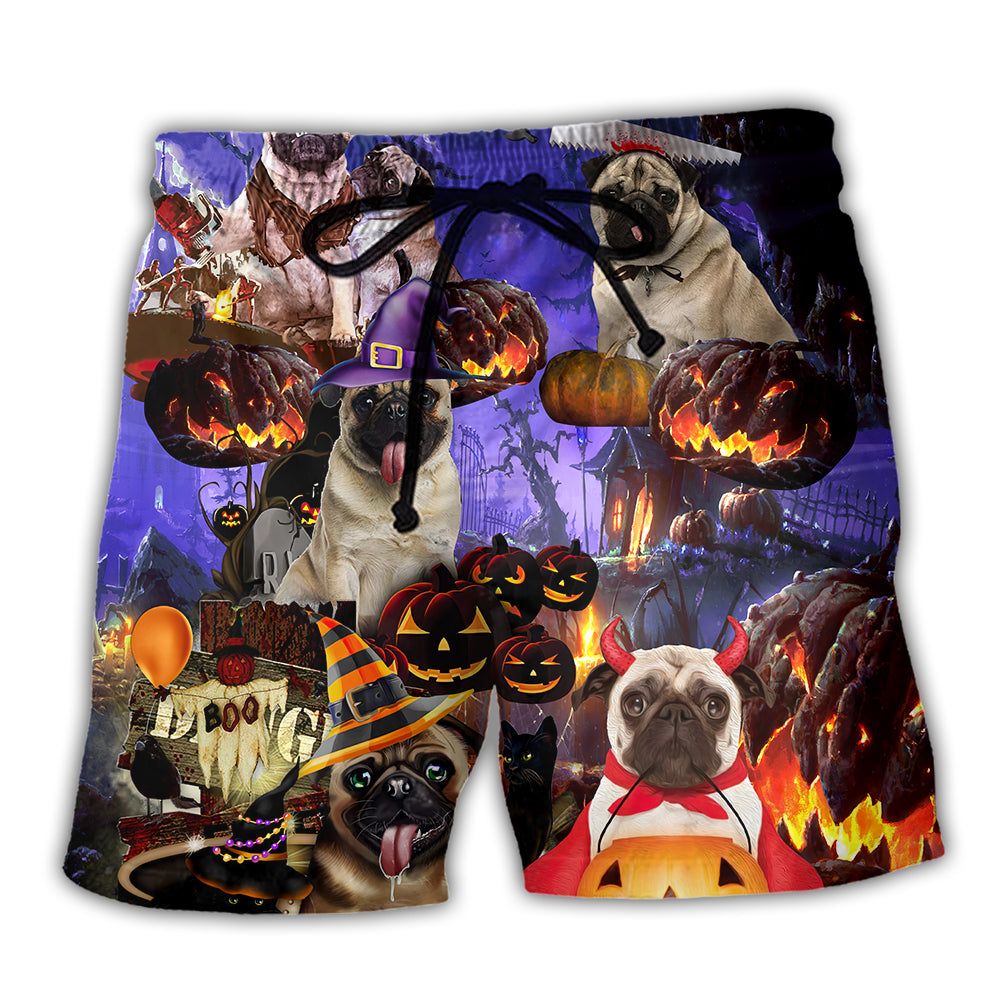 Halloween – Pug Never Mind The Witch Trendy Aloha Hawaiian Beach Shorts