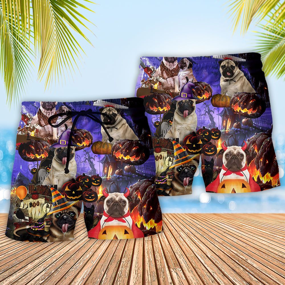 Halloween – Pug Never Mind The Witch Trendy Aloha Hawaiian Beach Shorts