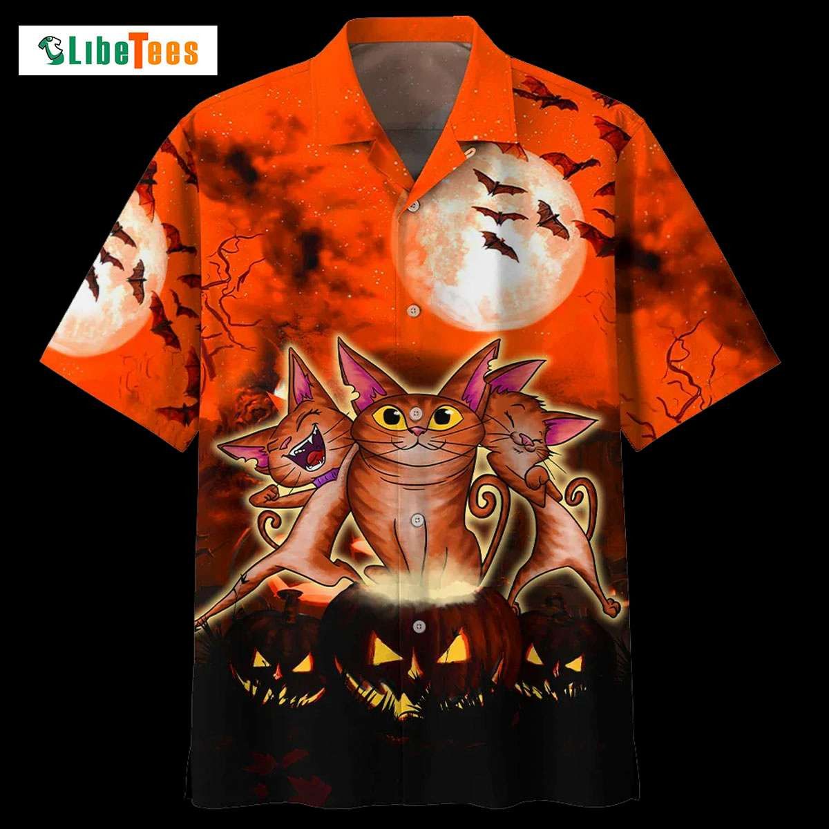 Halloween Pumpkin and Crazy Cat Themed Hawaiian Shirt