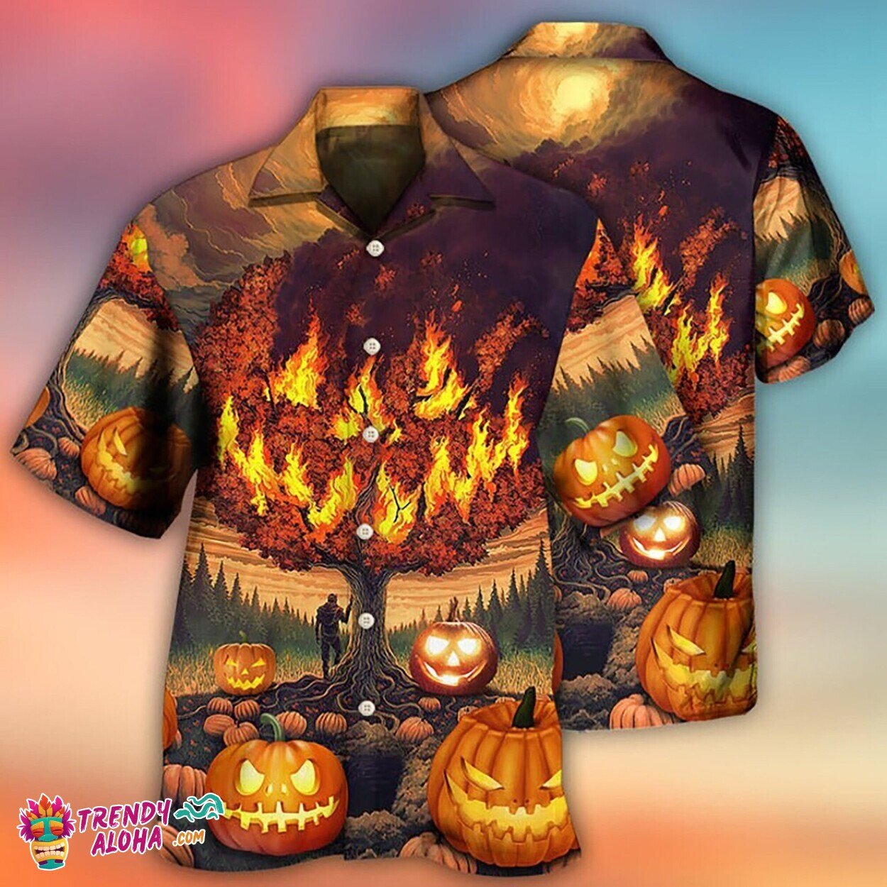 Halloween Pumpkin Burning Crazy Aloha Hawaiian Horror Movie Shirt