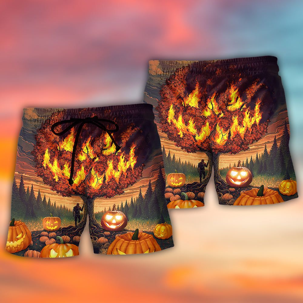 Halloween Pumpkin Burning Crazy Style Trendy Aloha Hawaiian Beach Shorts
