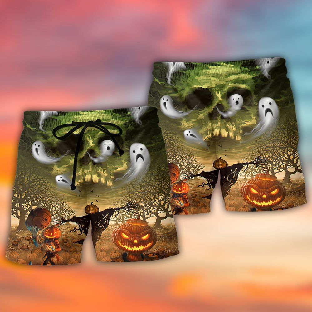 Halloween Pumpkin Crazy Ghost Style Trendy Aloha Hawaiian Beach Shorts