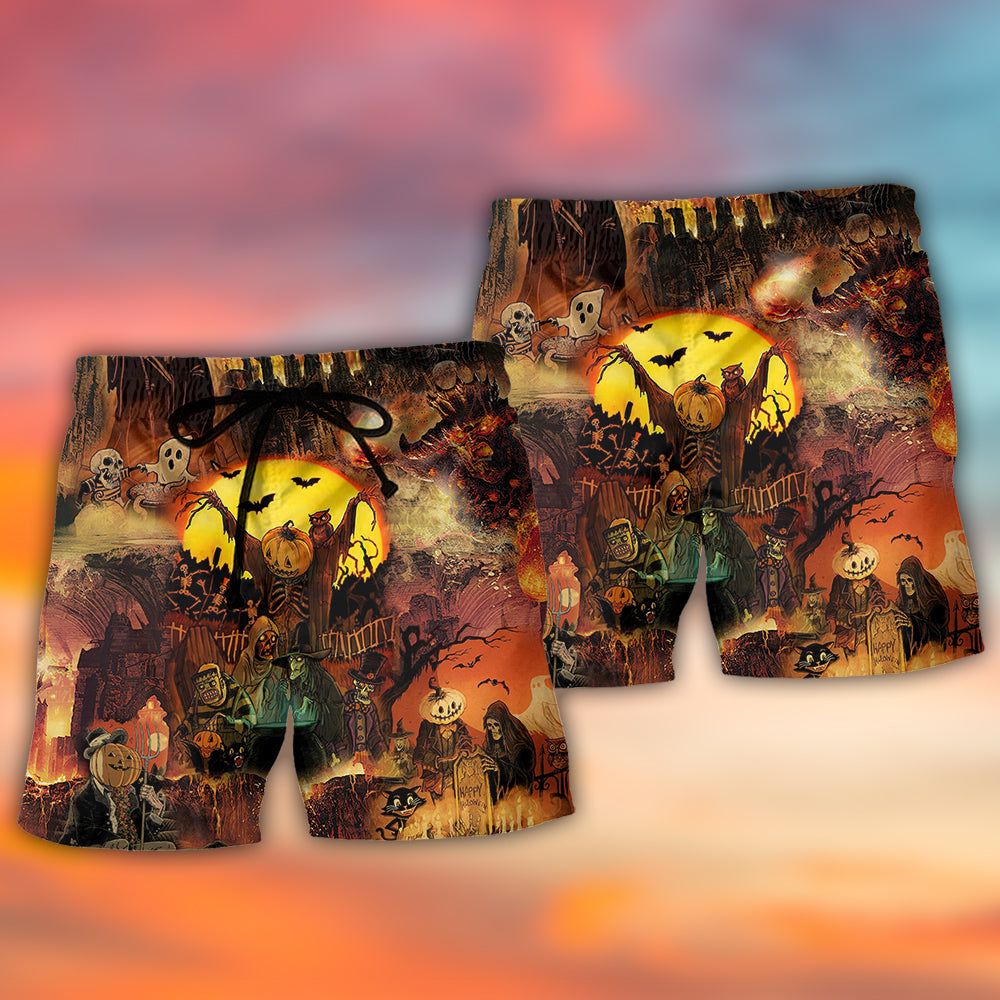 Halloween Pumpkin Ghost Scary Trendy Aloha Hawaiian Beach Shorts