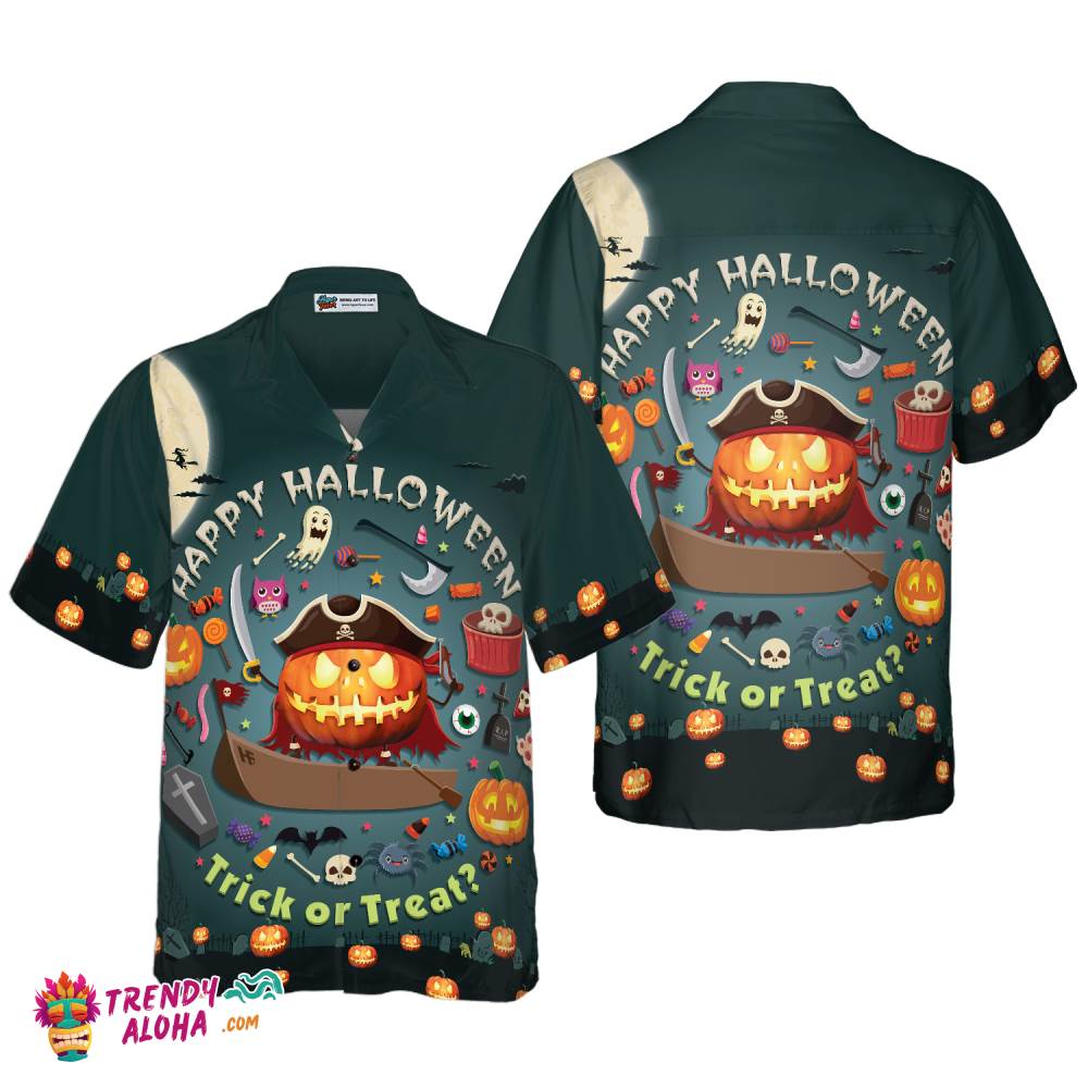 Halloween Pumpkin Pirate Halloween Hawaiian Shirt, Trick Or Treat Candy Cute Jack-O’-Lantern Hawaiian Shirt