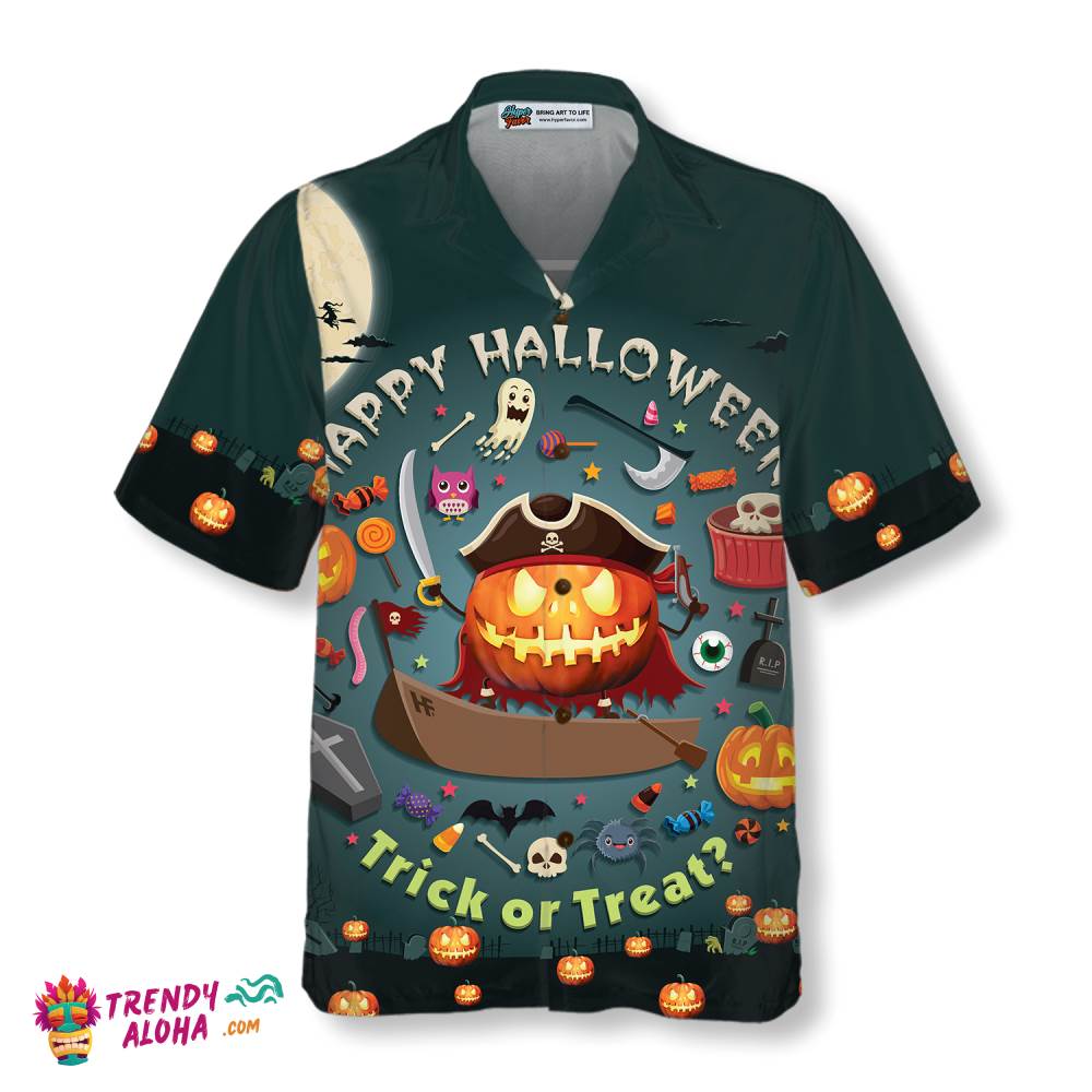Halloween Pumpkin Pirate Halloween Hawaiian Shirt, Trick Or Treat Candy Cute Jack-O’-Lantern Hawaiian Shirt