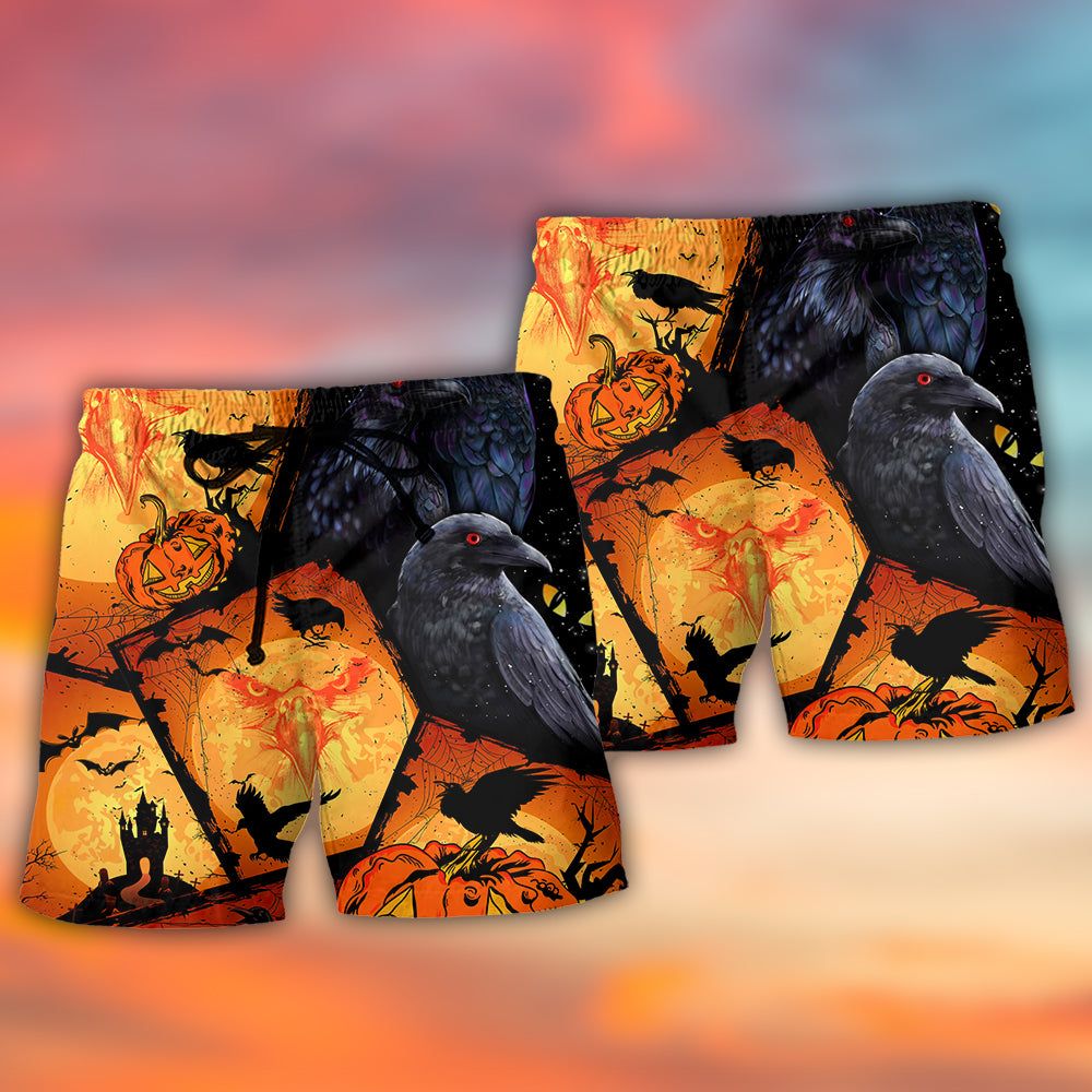 Halloween Raven Pumpkin Scary Trendy Aloha Hawaiian Beach Shorts