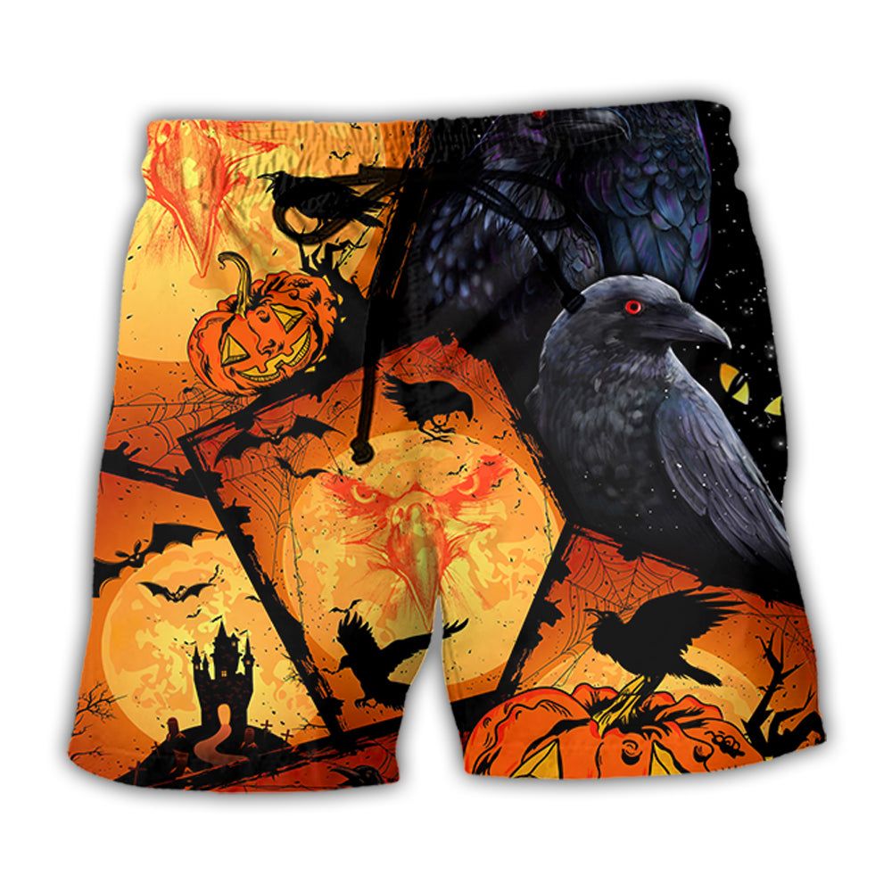 Halloween Raven Pumpkin Scary Trendy Aloha Hawaiian Beach Shorts