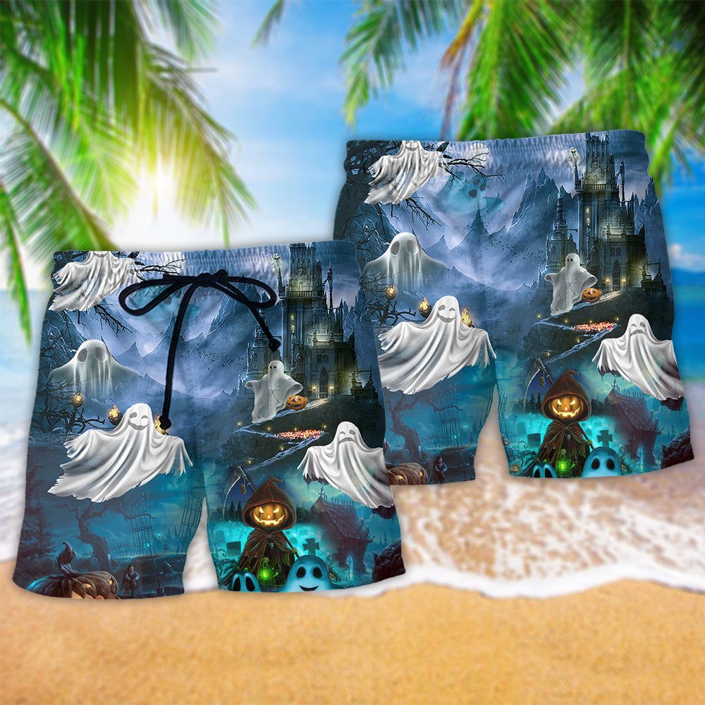 Halloween Say Boo And Scary On Blue Trendy Aloha Hawaiian Beach Shorts