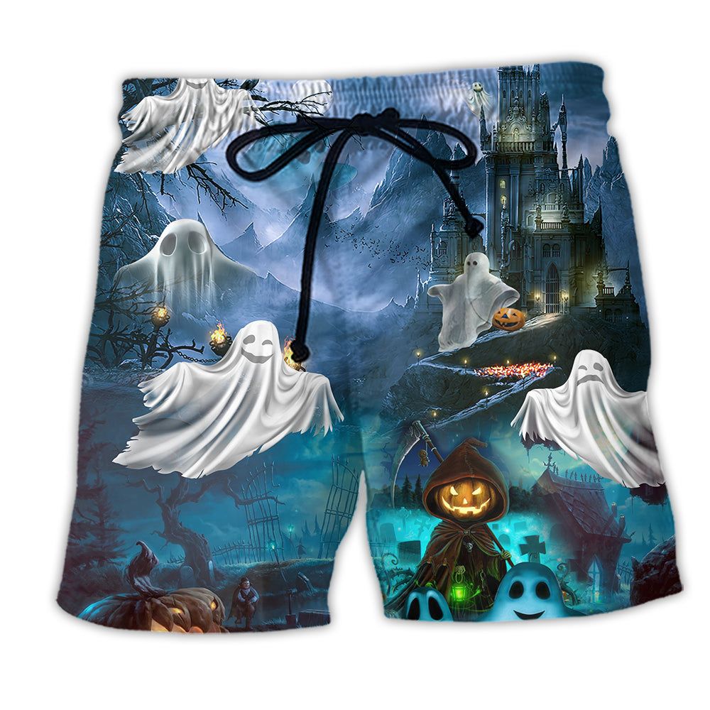 Halloween Say Boo And Scary On Blue Trendy Aloha Hawaiian Beach Shorts