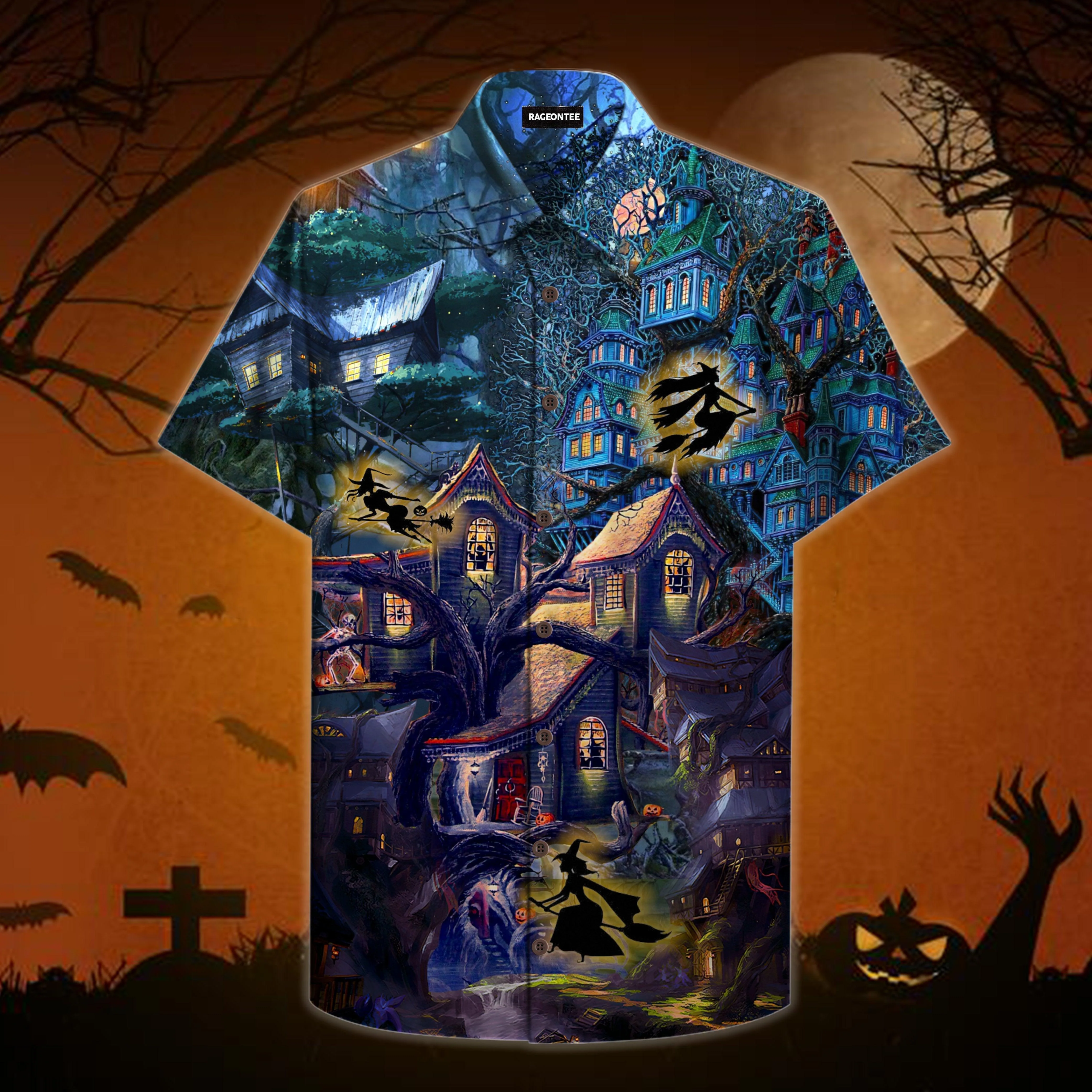Halloween Scary Witch Tree House Hawaiian Shirt