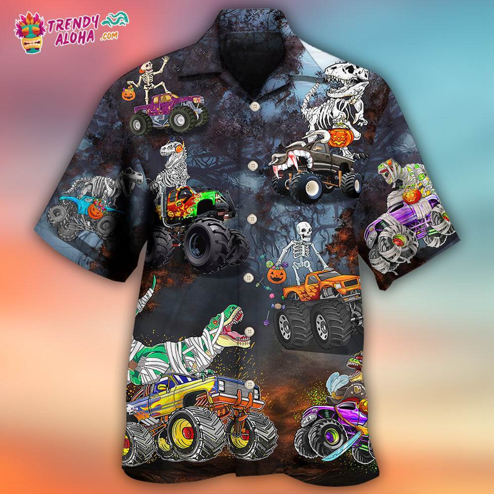Halloween Skeleton Dinosaur Driving Monster Truck Hawaiian Shirt – Trendy Aloha
