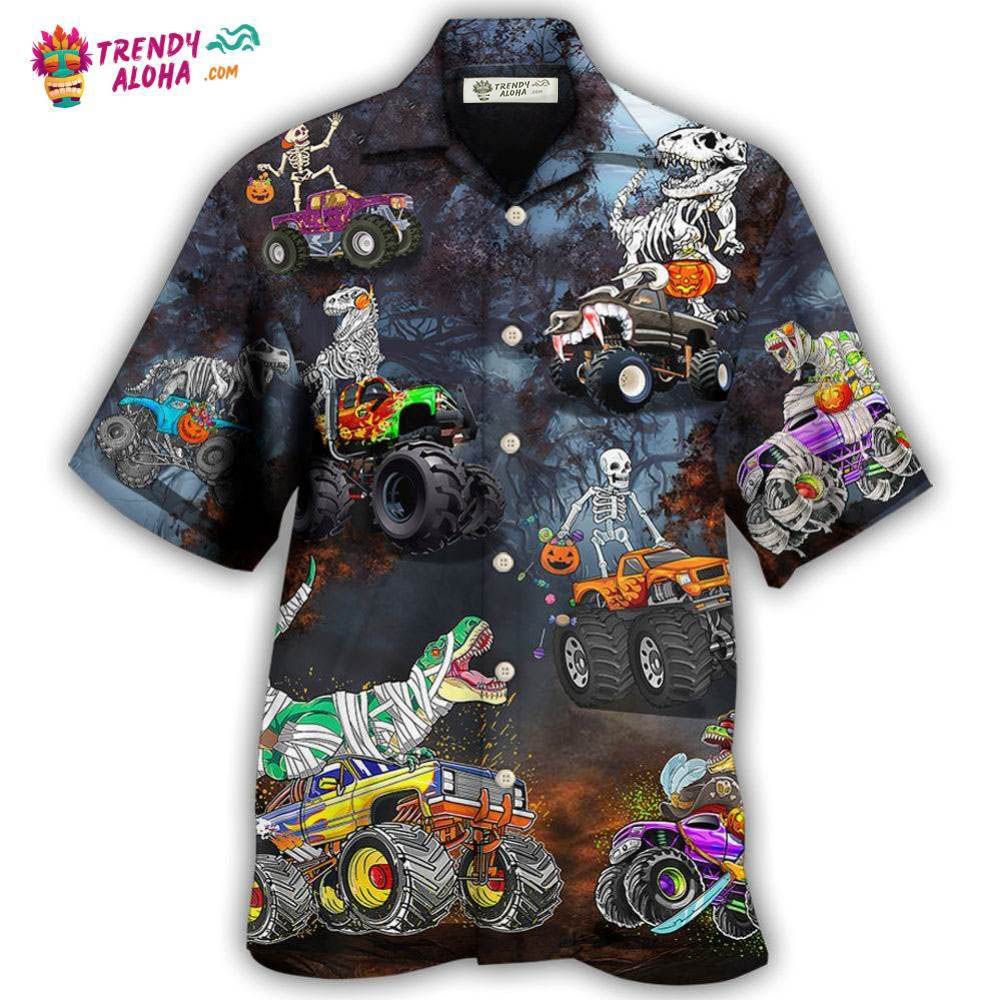 Halloween Skeleton Dinosaur Driving Monster Truck Hawaiian Shirt – Trendy Aloha