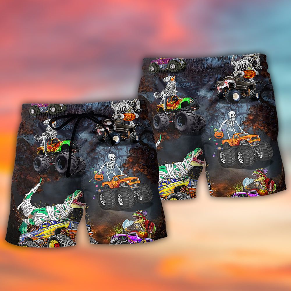 Halloween Skeleton Dinosaur Driving Monster Truck Trendy Aloha Hawaiian Beach Shorts