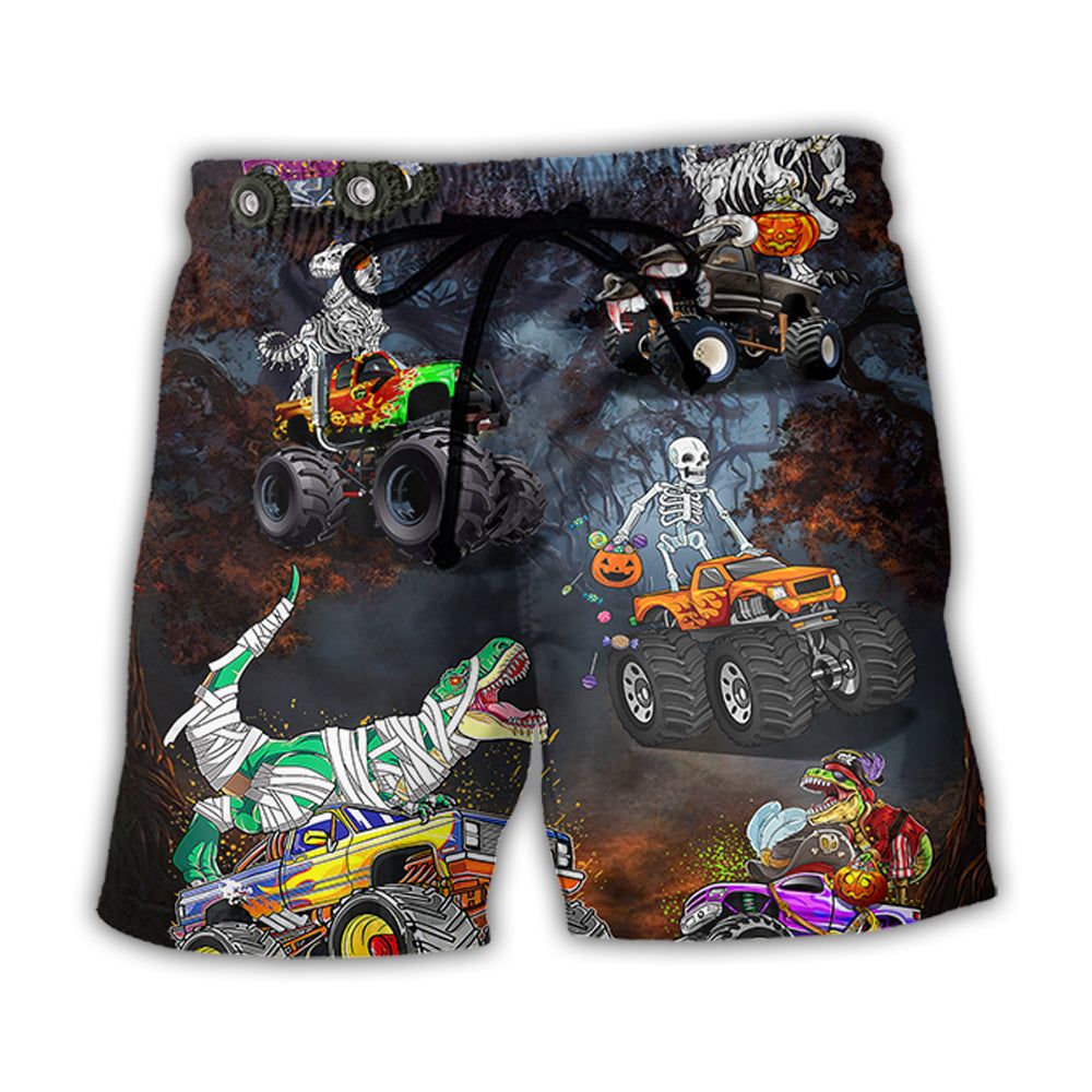 Halloween Skeleton Dinosaur Driving Monster Truck Trendy Aloha Hawaiian Beach Shorts