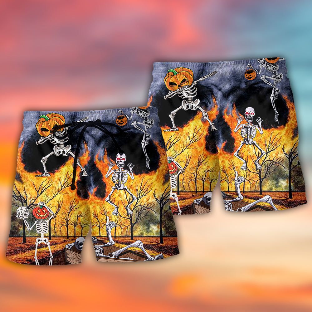 Halloween Skeleton Party Pumpkin Burning Scary Trendy Aloha Hawaiian Beach Shorts