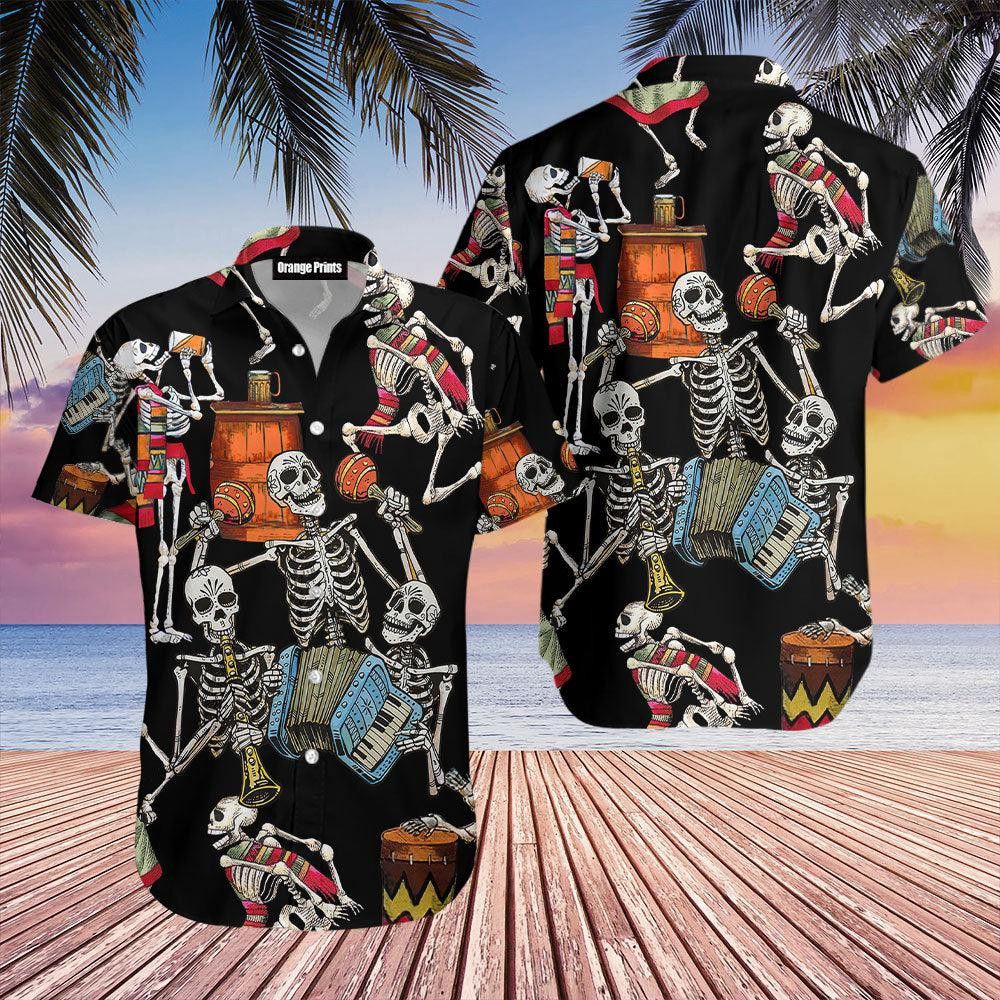 Halloween Skeleton Plays Accordion on Hawaiian Shirt