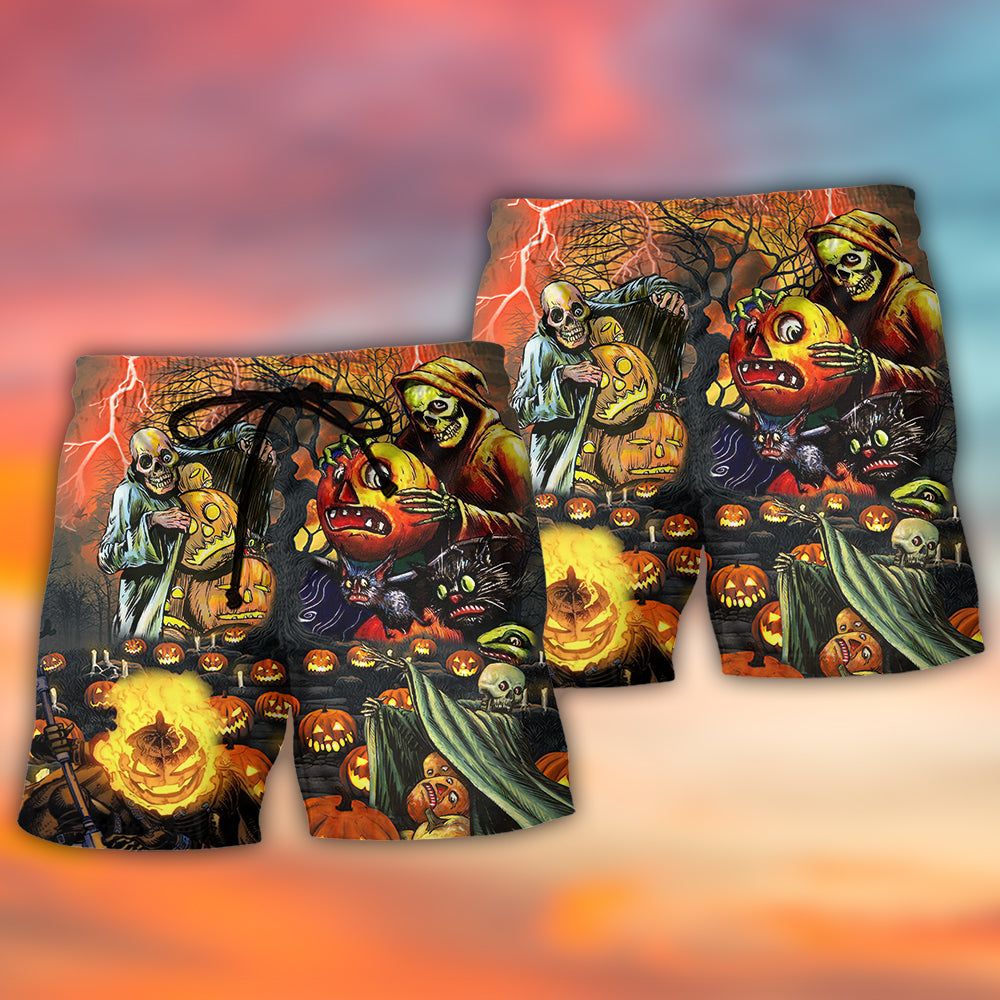 Halloween Skull Dark Pumpkin Scary Trendy Aloha Hawaiian Beach Shorts