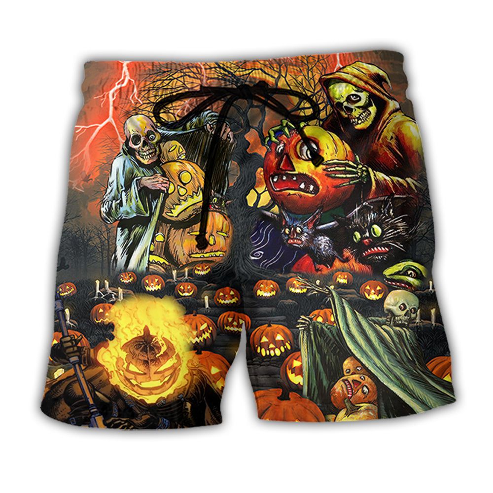 Halloween Skull Dark Pumpkin Scary Trendy Aloha Hawaiian Beach Shorts