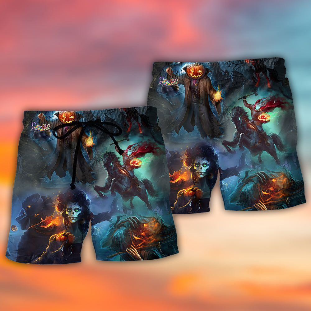 Halloween Skull Pumpkin Scary Sky Night Trendy Aloha Hawaiian Beach Shorts