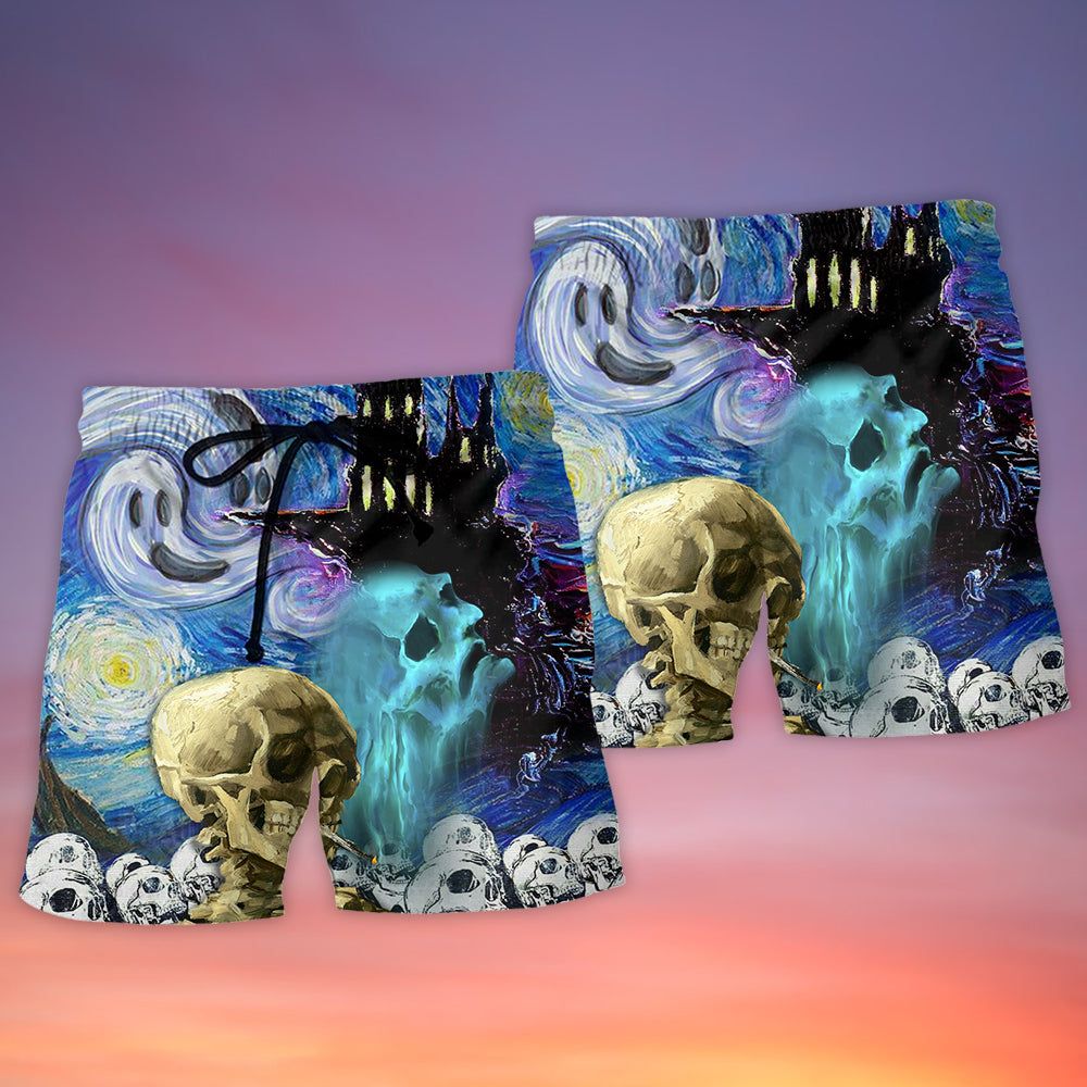 Halloween Skull Smoke Scream Starry Night Funny Boo Art Style Trendy Aloha Hawaiian Beach Shorts