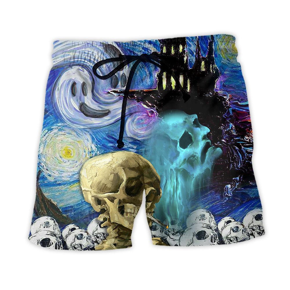 Halloween Skull Smoke Scream Starry Night Funny Boo Art Style Trendy Aloha Hawaiian Beach Shorts