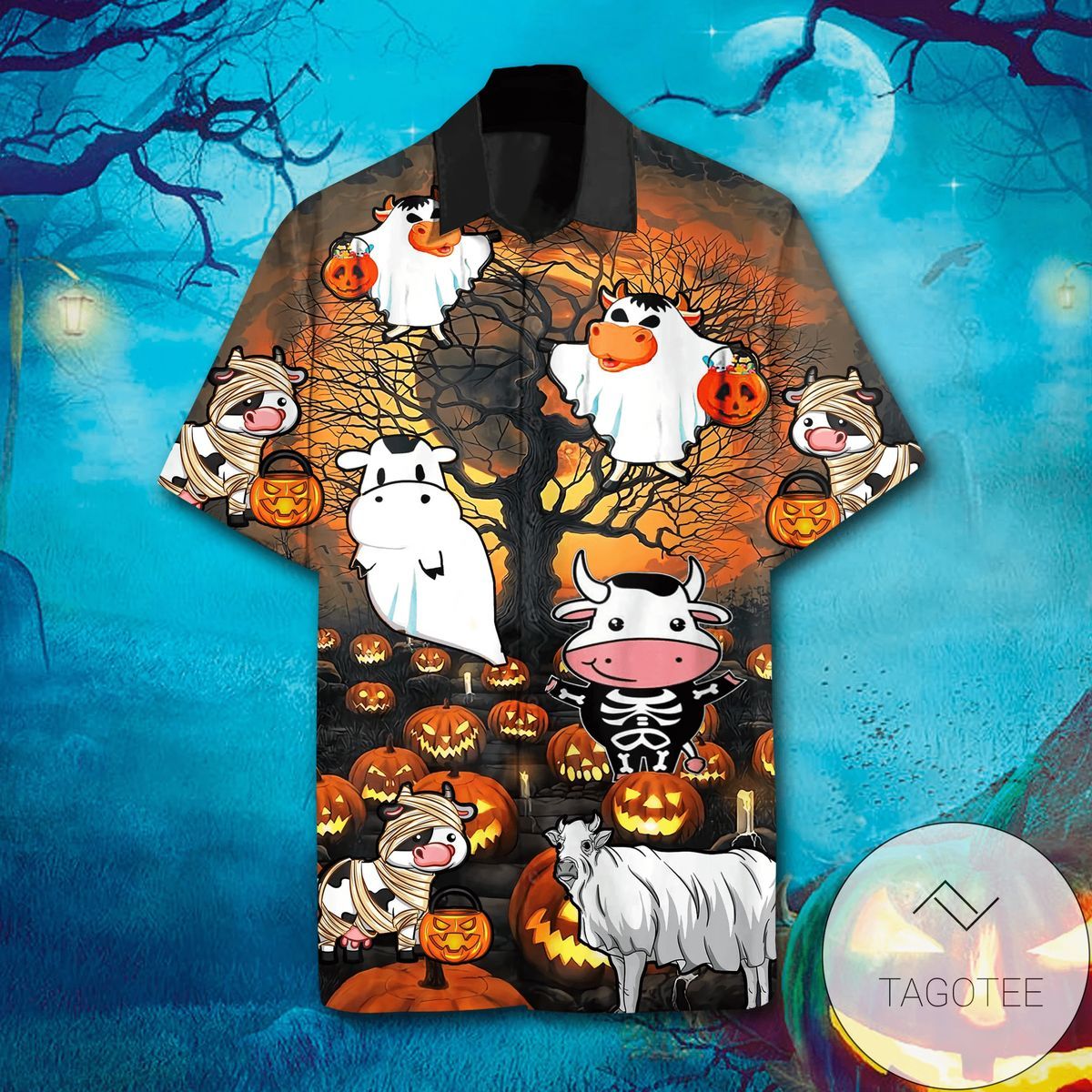 Halloween Special Cow Themed Hawaiian Shirt Design