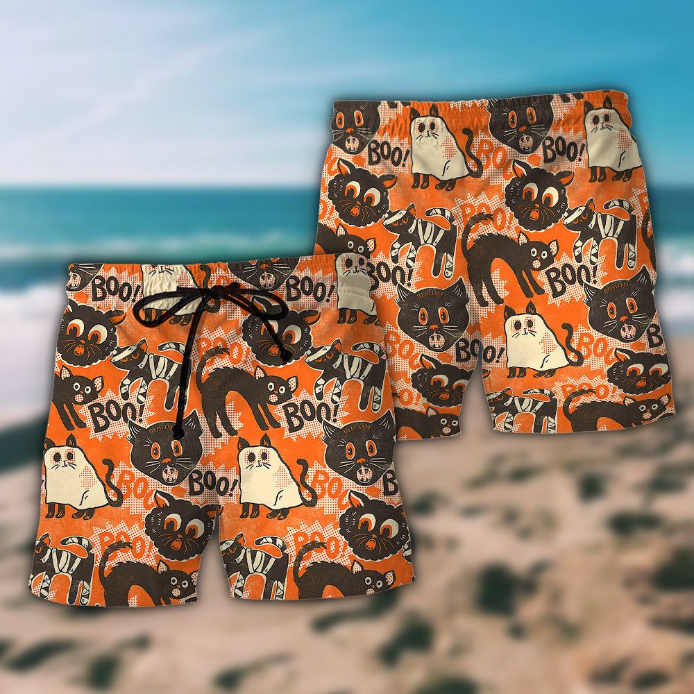 Halloween Spooktacular Scaredy Cat Trendy Aloha Hawaiian Beach Shorts