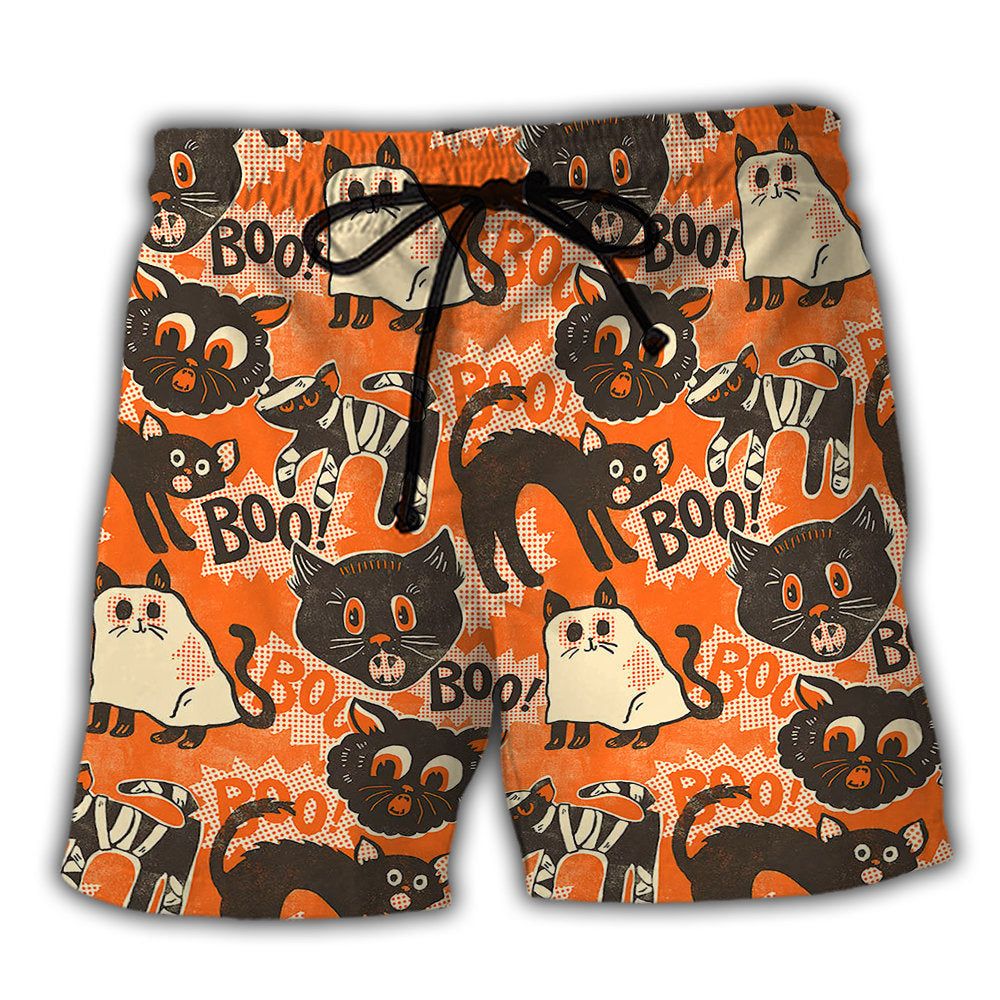 Halloween Spooktacular Scaredy Cat Trendy Aloha Hawaiian Beach Shorts