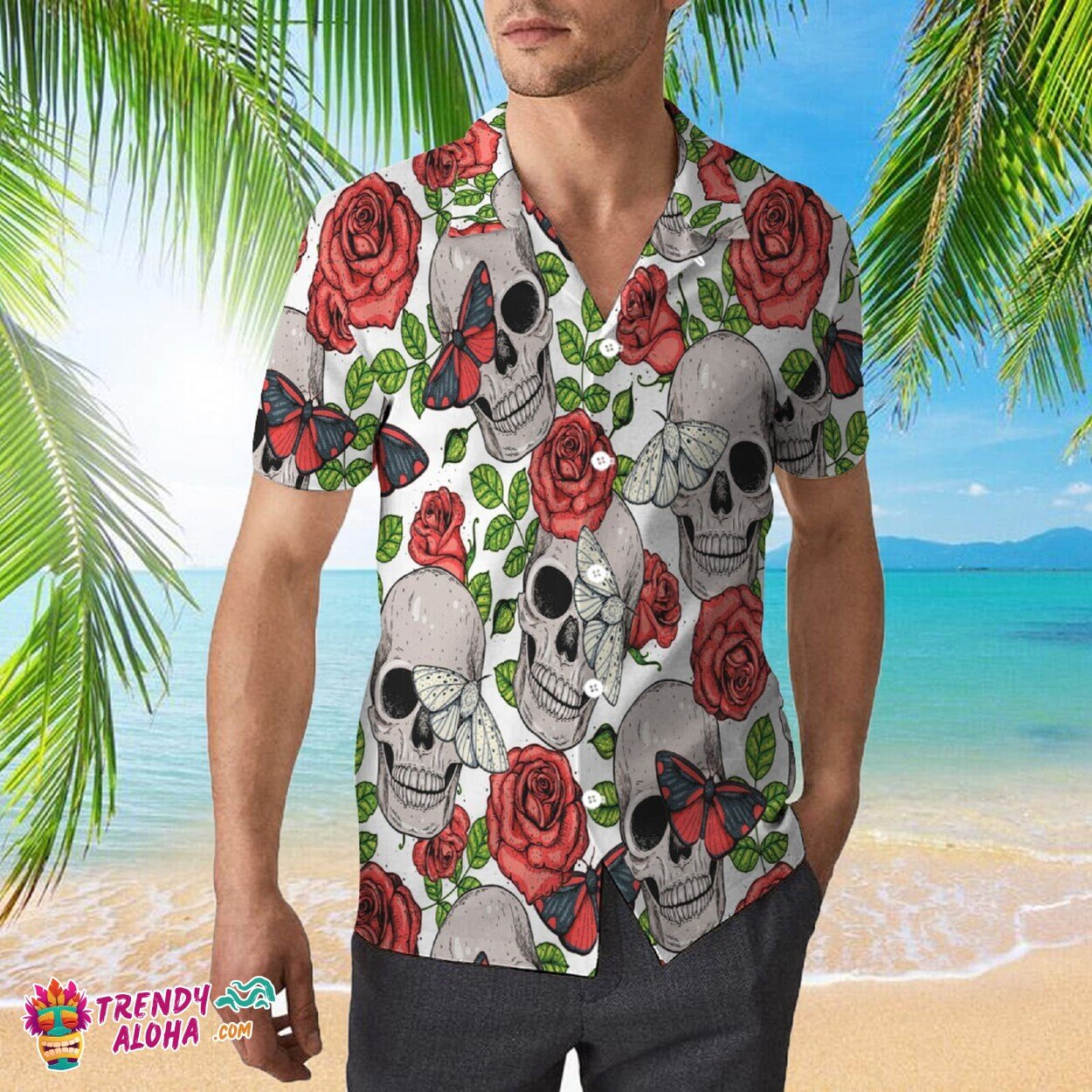 Halloween Sugar Skull Colorful Unisex Hawaiian Floral Shirt