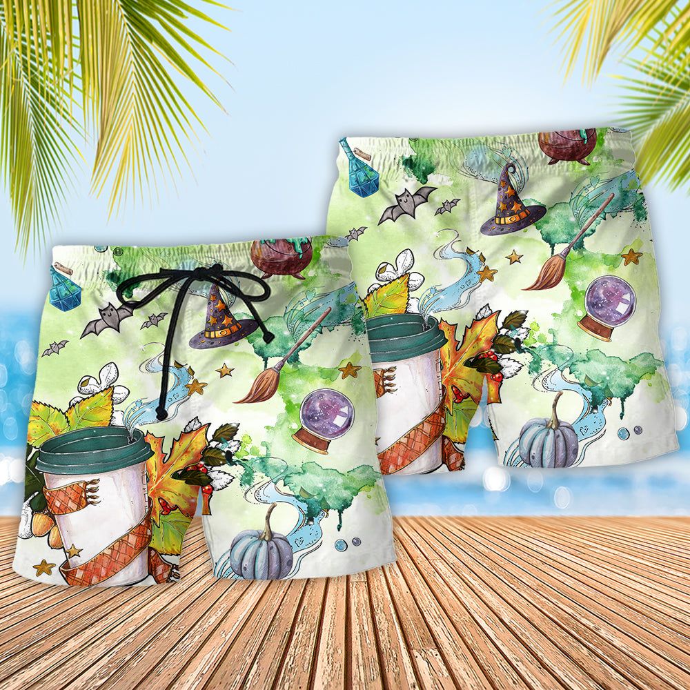 Halloween This Witch Needs Coffee Trendy Aloha Hawaiian Beach Shorts