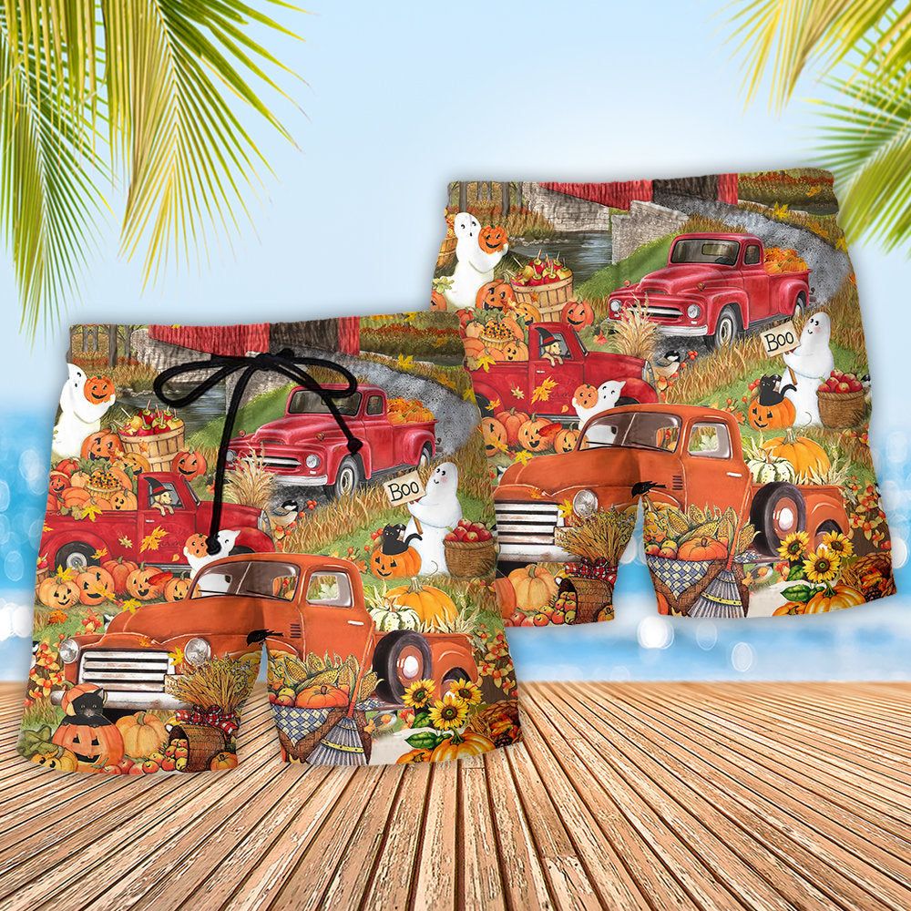 Halloween Truck With Pumpkin In Town Trendy Aloha Hawaiian Beach Shorts