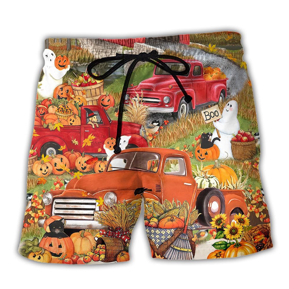 Halloween Truck With Pumpkin In Town Trendy Aloha Hawaiian Beach Shorts