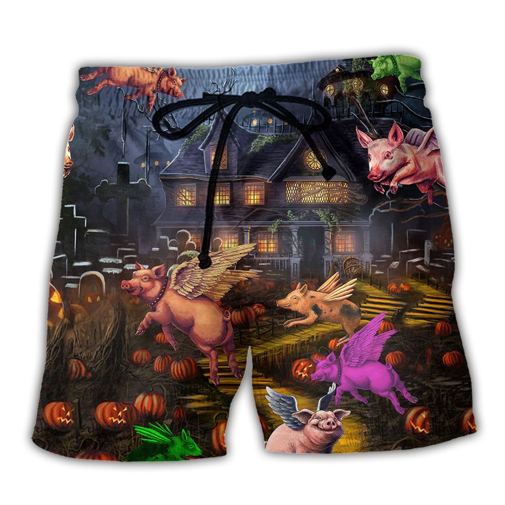 Halloween When Pigs Fly Dark Style Trendy Aloha Hawaiian Beach Shorts
