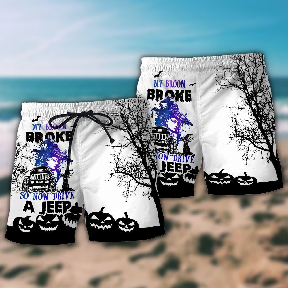 Halloween Witch My Broom Broke Trendy Aloha Hawaiian Beach Shorts