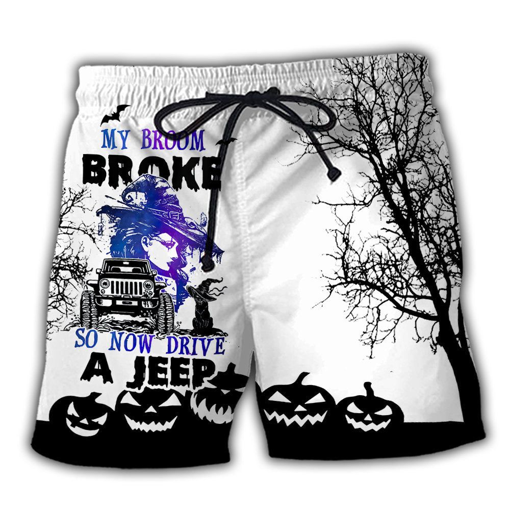 Halloween Witch My Broom Broke Trendy Aloha Hawaiian Beach Shorts