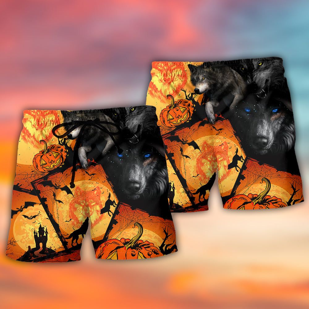 Halloween Wolf Pumpkin Scary Trendy Aloha Hawaiian Beach Shorts