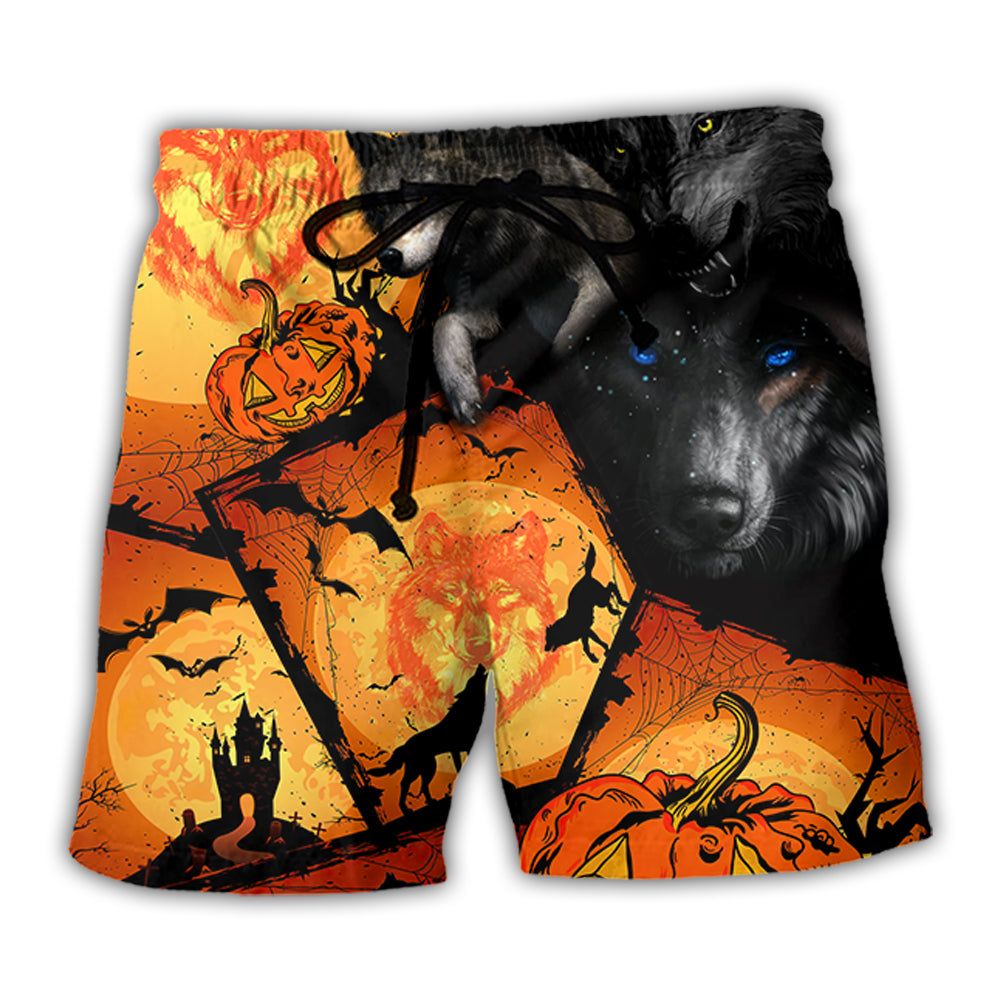 Halloween Wolf Pumpkin Scary Trendy Aloha Hawaiian Beach Shorts