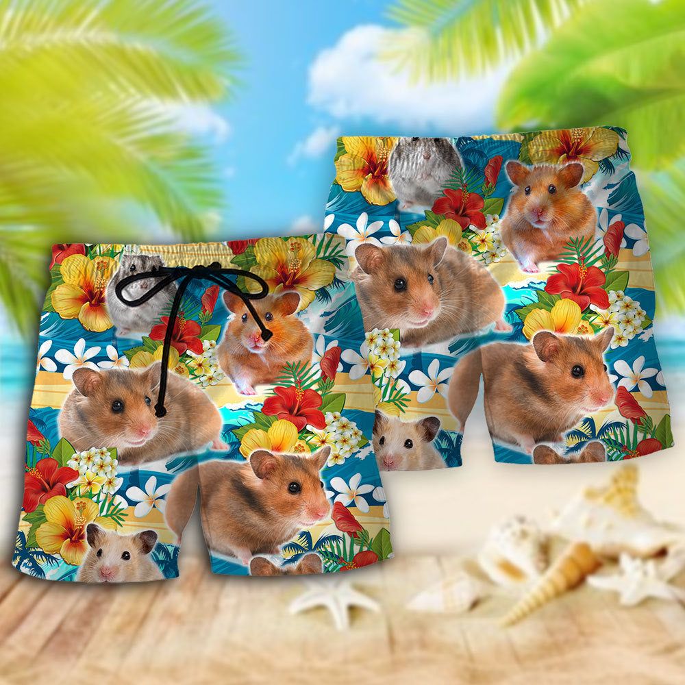 Hamster Love Tropical Flowers Trendy Aloha Hawaiian Beach Shorts