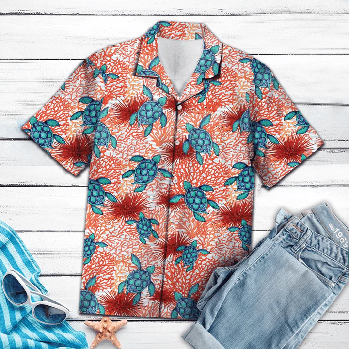 Hand Drawn Blue Turtle Coral Reef Pattern Trendy Hawaiian Shirt