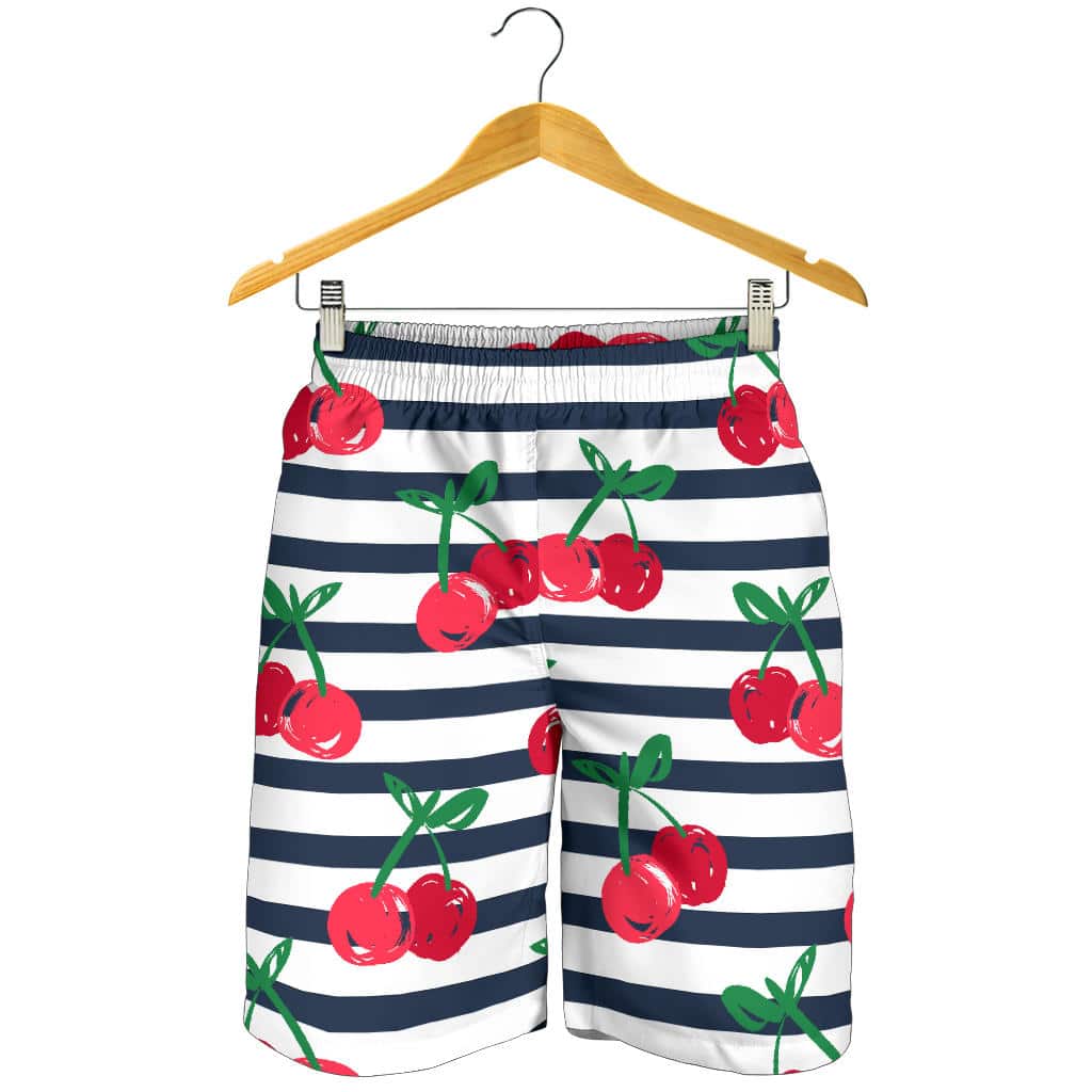 Hand Drawn Cherry Pattern Striped Background For Men Women Kid Shorts