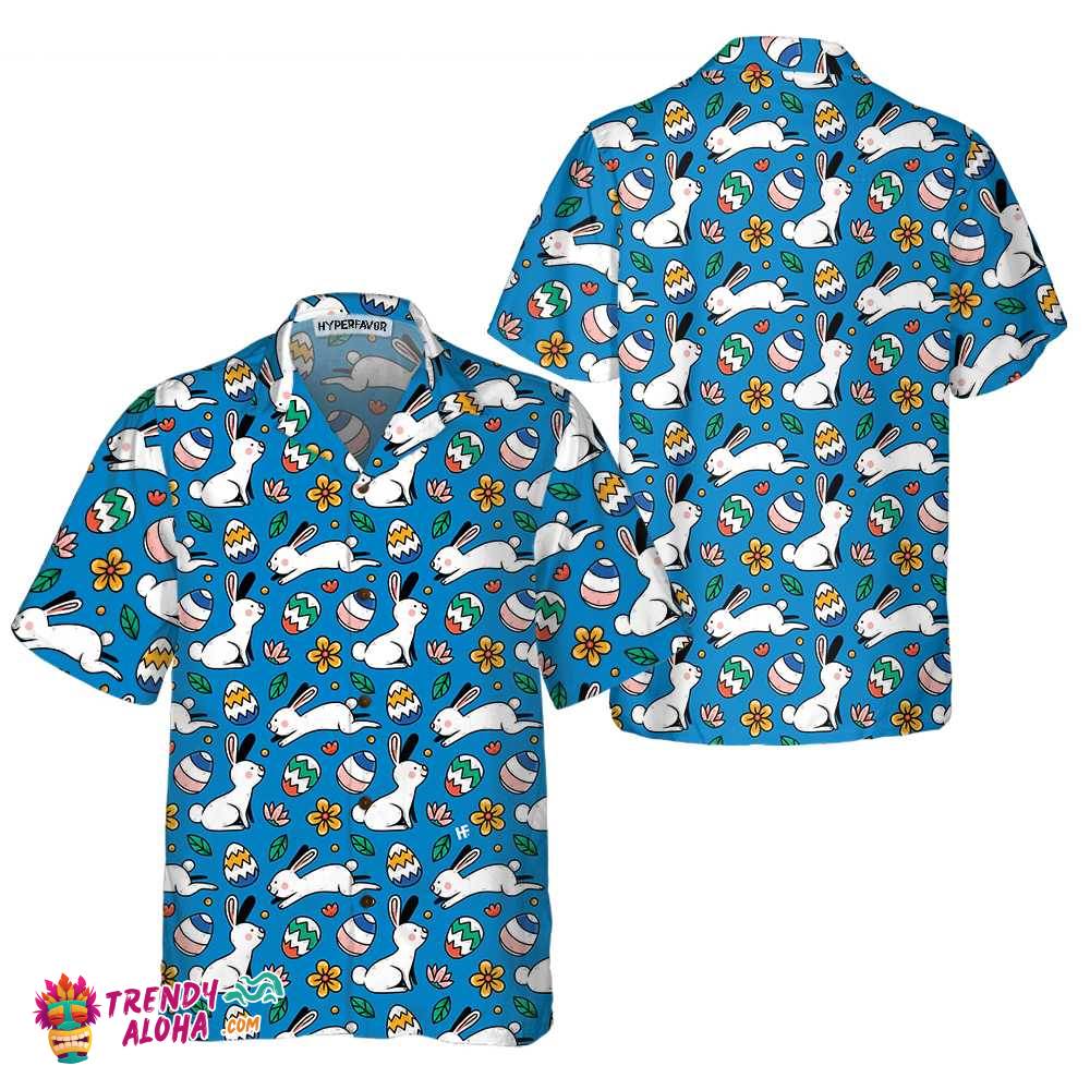 Hand Drawn Colorful Easter Pattern Hawaiian Shirt, Easter Bunny Shirt, Funny Easter Shirt & Easter Gift Ideas