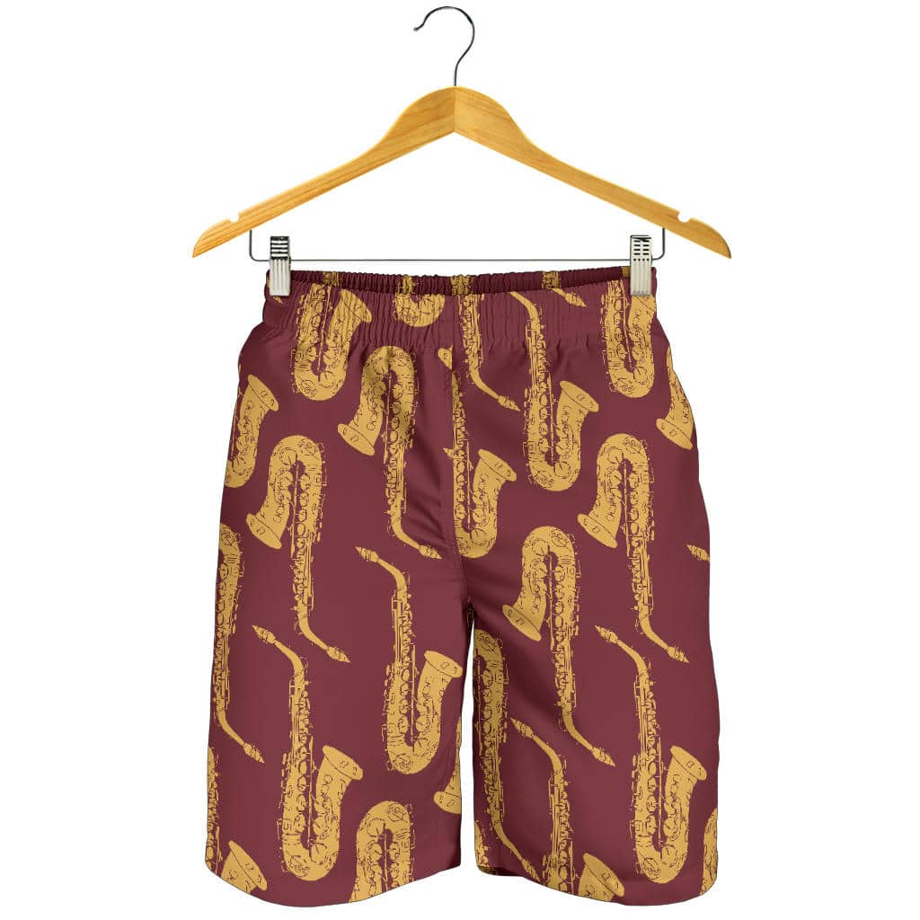 Hand Drawn Gold Saxophone Red Background For Men Women Kid Shorts