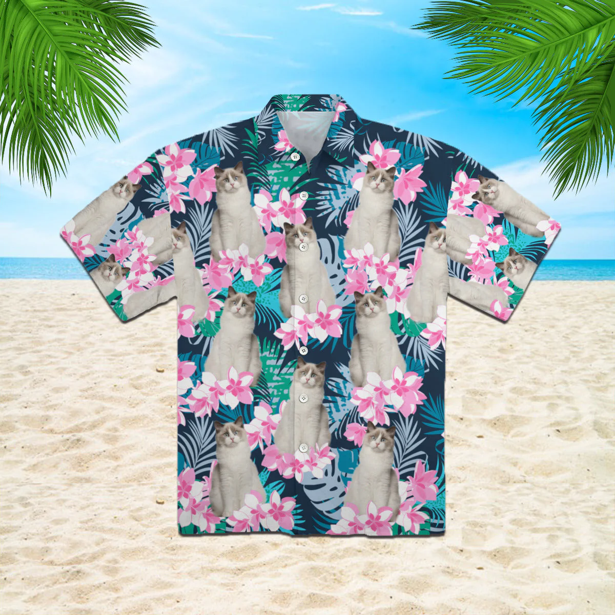 Happy Cat And Beautiful Flower Tropical Pattern Hawaiian Shirt