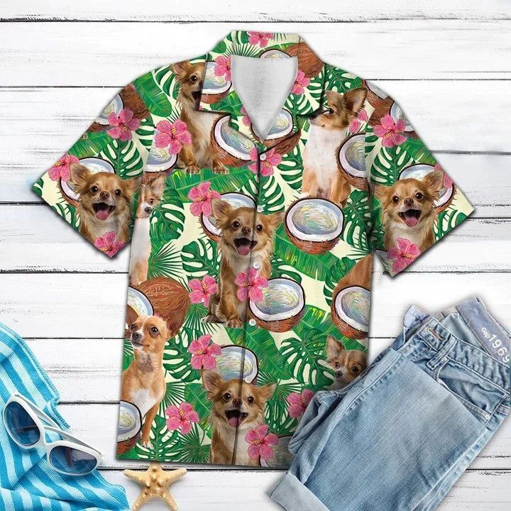 Happy Chihuahua Hide In Tropical Coconut Jungle Pattern Hawaiian Shirt Happy Chihuahua Hide In Tropical Coconut Jungle Pattern Hawaiian Shirt