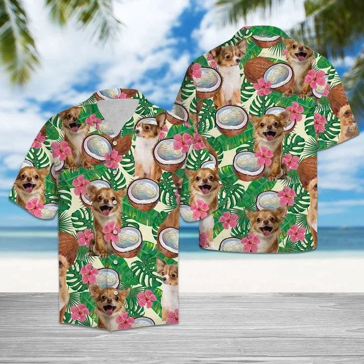 Happy Chihuahua Hide In Tropical Coconut Jungle Pattern Hawaiian Shirt